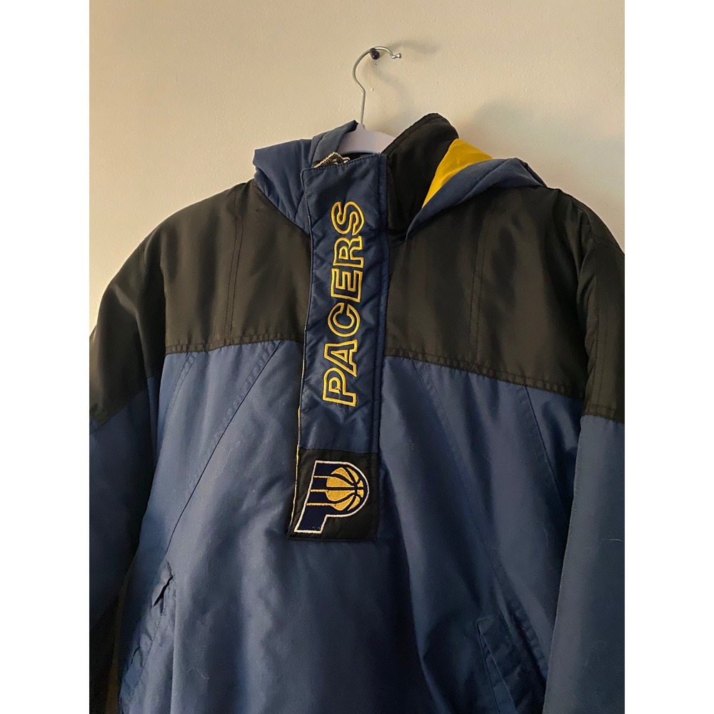 Vintage Starter Indiana Pacers Jacket Mens Navy Blue NBA Pullover Puffer Hooded